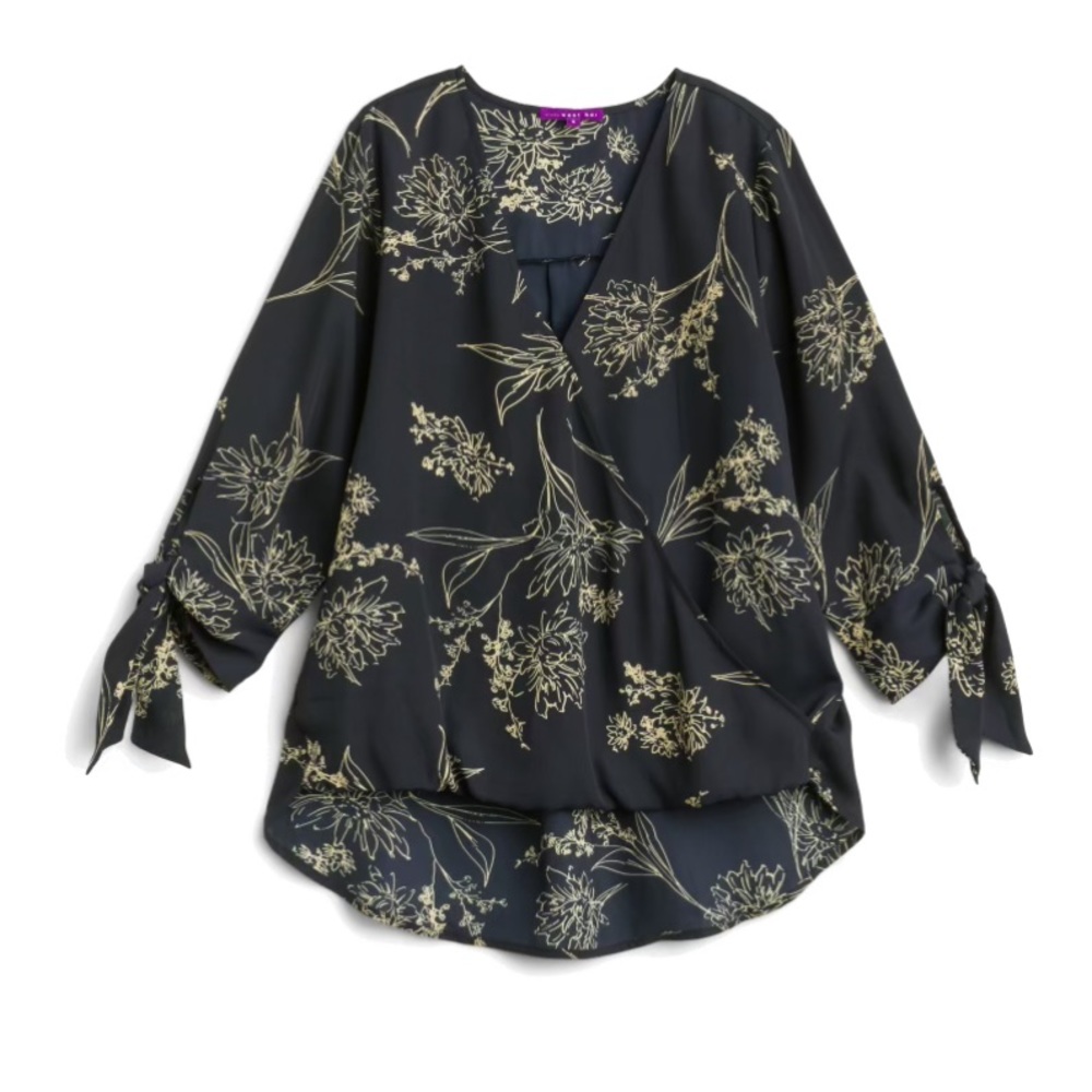 West Kei Allan surplice tie high low sleeve shirt navy and gold M